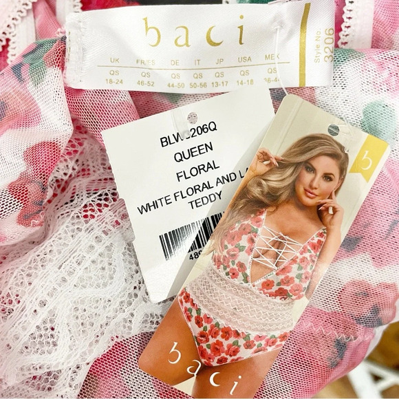BACI Queen Plus White Mesh Pink Floral and Lace Tie-Up Teddy Lingerie NWT - Picture 9 of 11